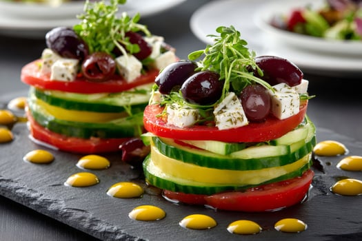 Delicious greek salad with black olives, cucumber, tomato, and feta cheese on slate plate photo
