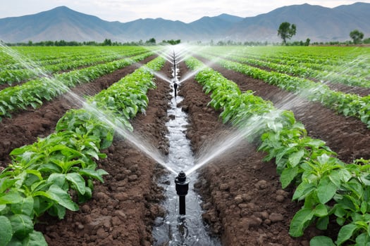 Automated irrigation system watering crops in cultivated agricultural field.. photo