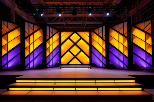 Illuminated stage setting with orange and purple panels photo