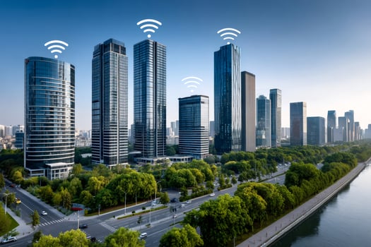 Modern cityscape with smart buildings and connectivity photo