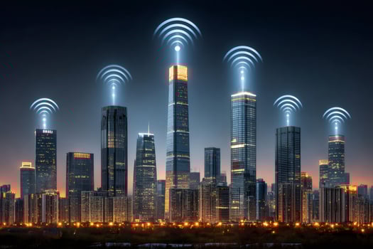 Illuminated skyscrapers emitting wifi signals in modern cityscape at night photo