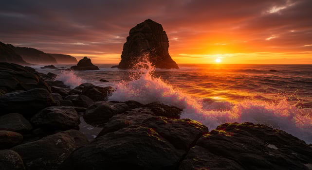 Dramatic sunset over ocean waves crashing against rocks creating a beautiful coastal landscape at dusk photo