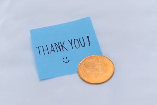 Gratitude in business thank you note with cryptocurrency office desk visual content minimalistic environment close-up view for impact photo