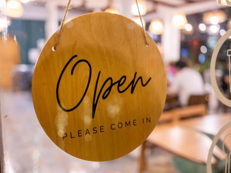 Inviting open sign welcomes guests to cozy urban coffee shop ambiance photo