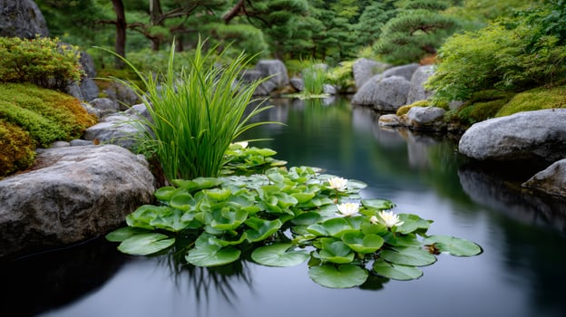 Water lilies floating on a pond in a Japanese garden with grass and rocks photo