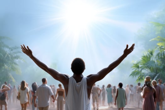 Joyful gathering in a vibrant paradise under a radiant sky filled with life and connection photo