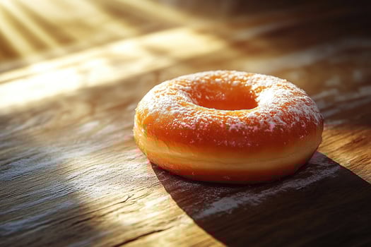 A delicious donut covered in powdered sugar lies on a wooden table in the rays of light. photo