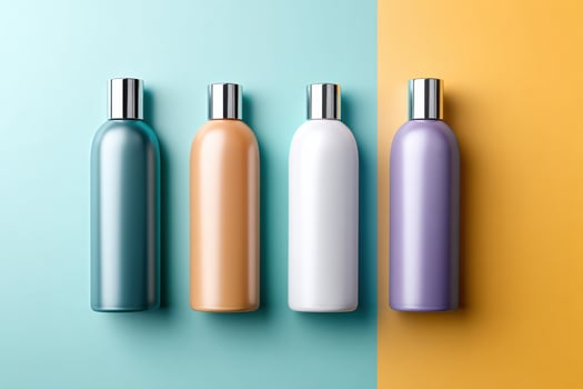 Modern body lotion mockup featuring colorful bottles on vibrant background with empty space for text photo