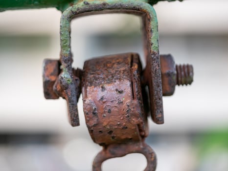 Rusty pulley mechanism macro industrial detail showcasing functionality in urban environment photo