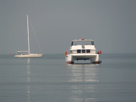 Boat adventure calm waters seaside tranquil wide angle exploration photo