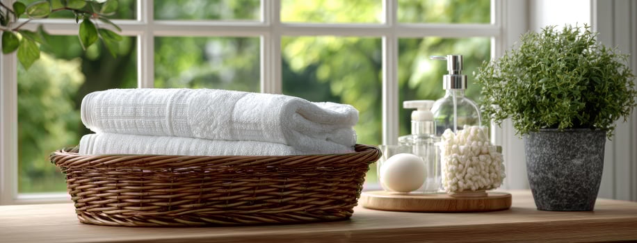 A basket with towels on a window sill photo