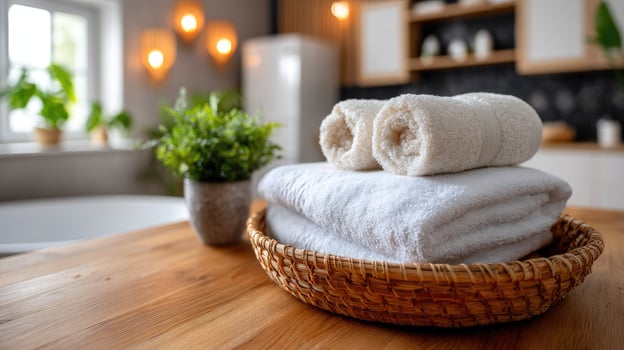 Towels stacked in a basket on a wooden table photo