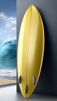 A yellow surfboard is leaning against a wall photo