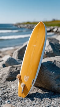 A surfboard on a rock photo