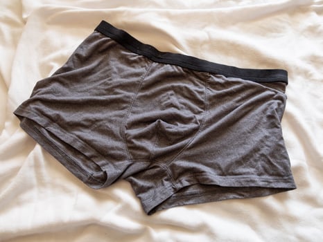 Men's grey boxer briefs bed casual clothing indoor setting top view everyday comfort photo