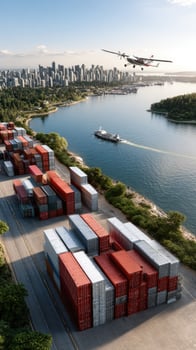 An aerial view of a container terminal with a plane flying over it photo