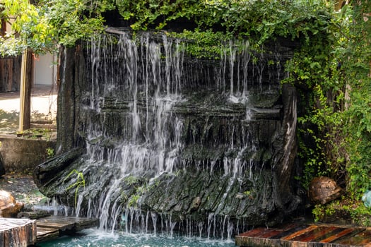 Peaceful waterfall scene lush garden nature tranquil environment close-up view serenity concept photo