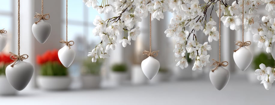 White christmas decorations hanging from strings in a room photo