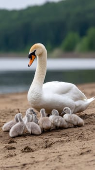 A swan with her young on the beach photo