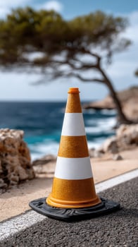 A traffic cone on the side of a road near the ocean photo