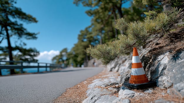 A cone is sitting on the side of a road photo
