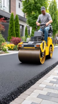 A man is driving a roller on a paved road photo