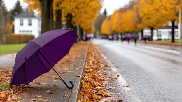 A purple umbrella laying on the ground photo