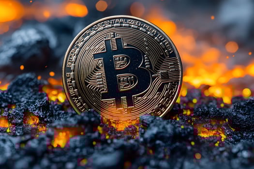 Digital Currency Concept with Bitcoin in Volcanic Landscape for Finance and Investment Design photo
