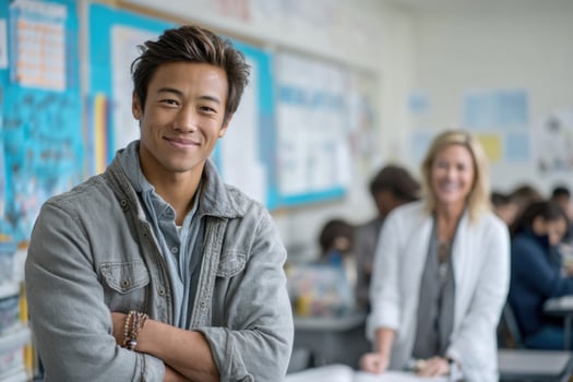Teen demonstrates confidence entering classroom with supportive teacher in vibrant educational environment photo