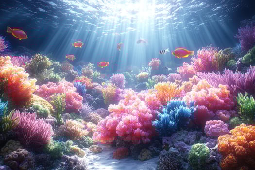 A vibrant underwater scene features colorful corals and swimming fish photo