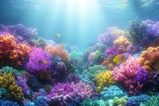 Vibrant colorful coral reef scene with sunlight shining through the water photo