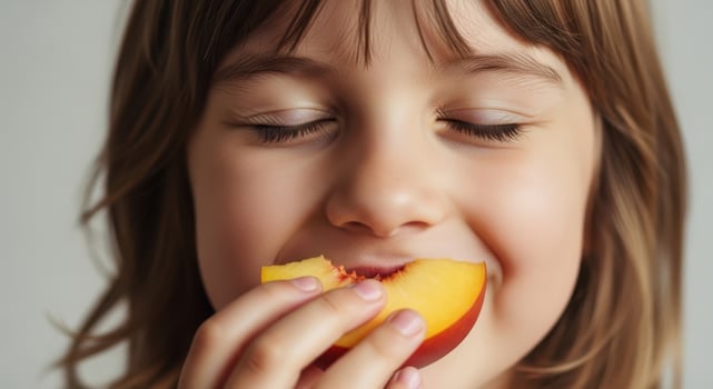 Close up of a young girl eating a fresh peach slice with closed eyes photo