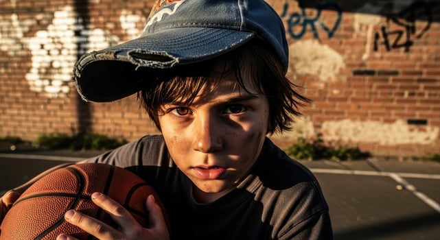 Determined young boy in a baseball cap holding a basketball on an urban court photo