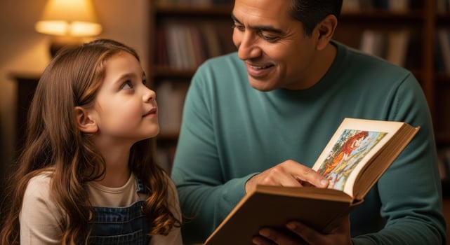 Caring father reading an engaging storybook to his curious daughter, fostering learning and connection at home photo