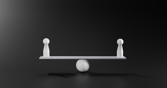 Equality, fairness, a harmonious equilibrium of power or influence in business, relationships, legal matters, personal growth, emphasizing strategic balance, Two white dolls balanced on a seesaw. photo