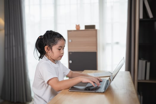 Young Girl Engaged in Learning at Home Sitting at Desk with Laptop in Bright Room Surrounded by Natural Light and Minimalist Decor Elements photo