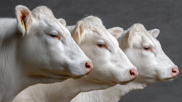 Three white cows standing in a row photo