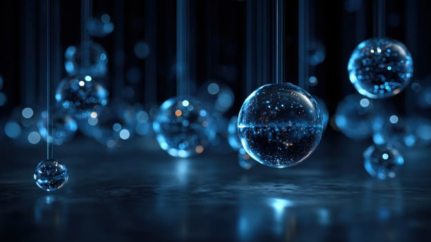 Water droplets floating in the air with blue lights photo