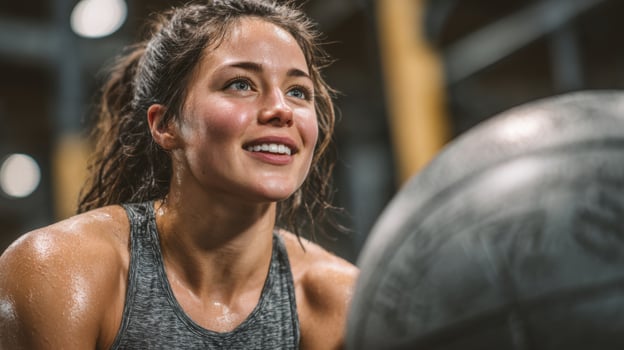 A woman is smiling while holding a medicine ball photo