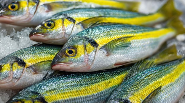 A group of yellow and green fish sitting on ice photo