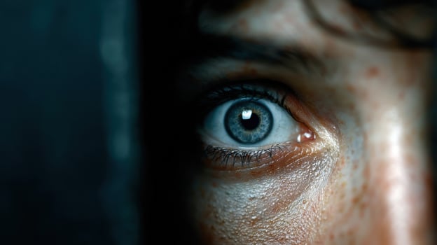 A person's striking blue eye is partially visible, framed by shadows, conveying curiosity and emotion in a low-light setting. The gaze focuses on something unseen photo