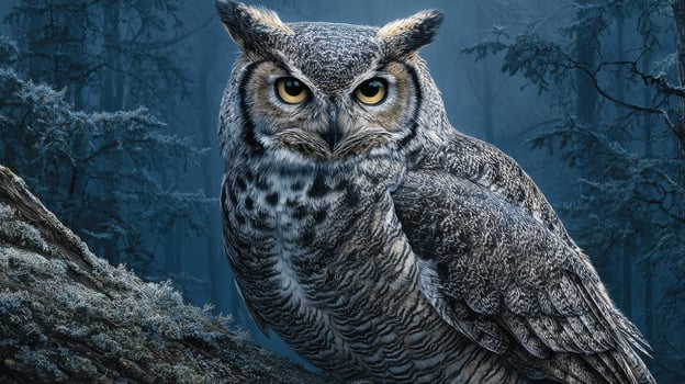 A large owl is perched on a tree branch in a dark forest photo