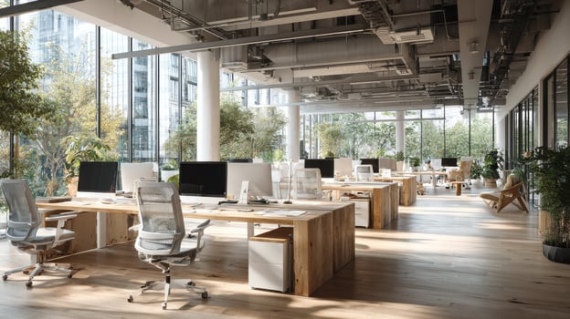 An open office with desks and chairs photo