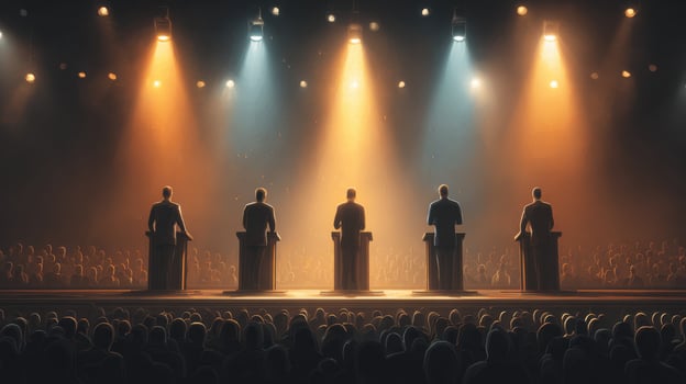 Three men stand on stage in front of a crowd photo