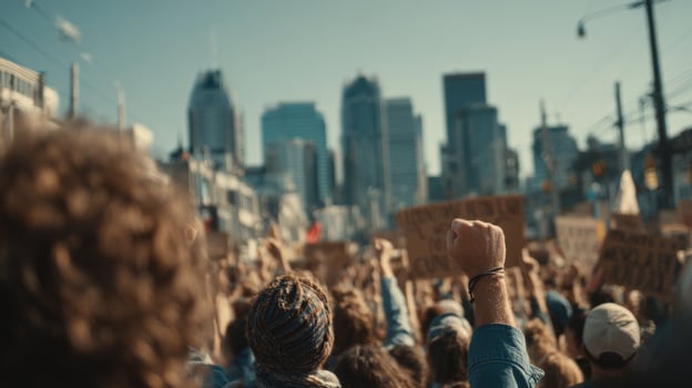 People holding signs in front of a city photo