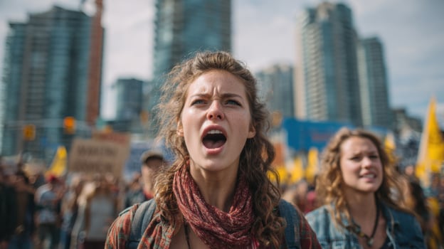 A woman with her mouth open and a crowd of people photo
