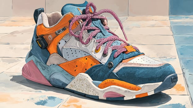 A shoe with a pink and blue laces is shown on a white tile floor photo
