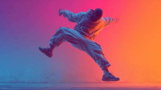 A man is jumping in the air with his arms outstretched photo