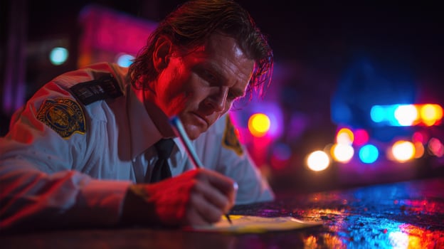 A police officer is writing a ticket on a piece of paper photo