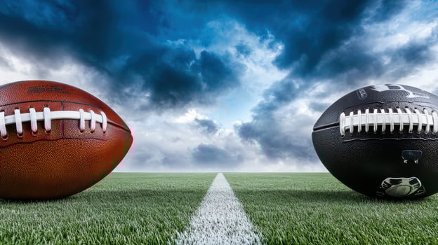 Two footballs on the field with a cloudy sky photo